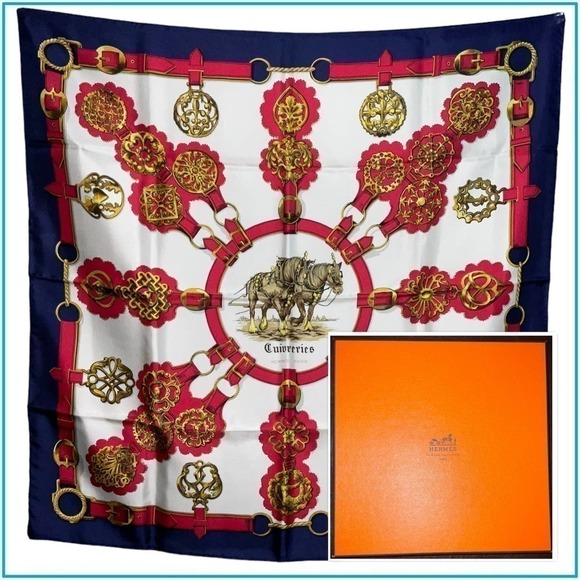 Hermes Scarf CARRE 90 "Cuiveeries" Carriage / Blue/ Red / Silk 100% NWT/BOX - Picture 1 of 16